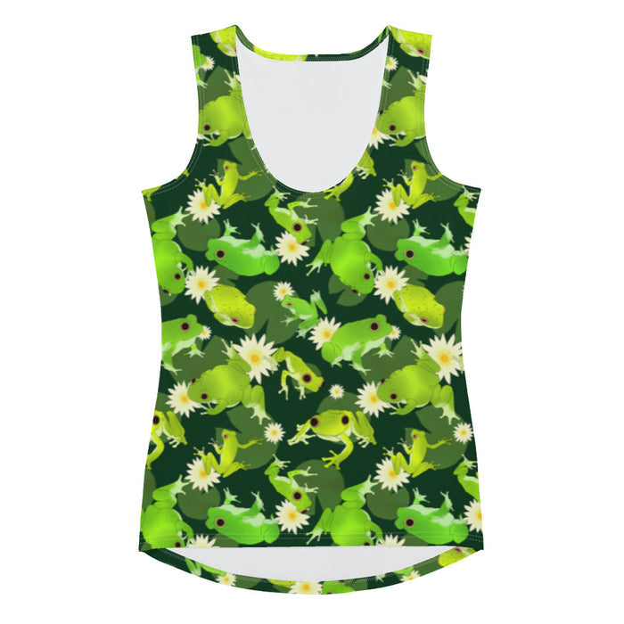 Kero-kero kawaii tank top in green with green tree frogs and white water lilies