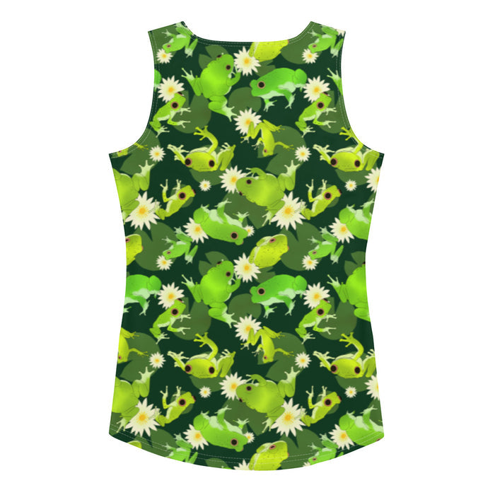Kero-kero kawaii tank top in green with leaping frogs and golden-eyed lotus blooms