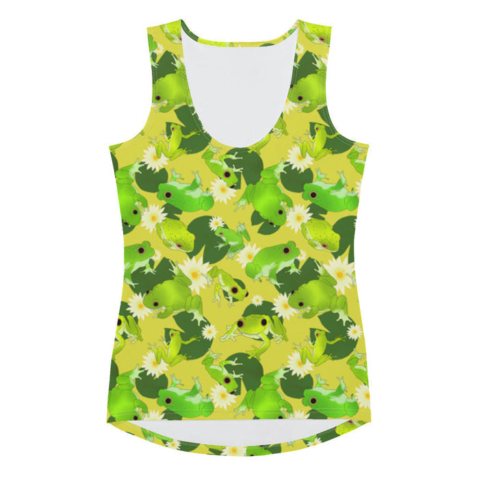 Kero-kero kawaii tank top in green with speckled frogs and floating lily pads