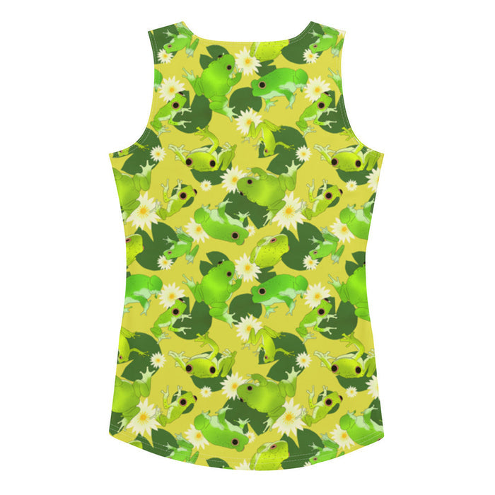 Kero-kero kawaii tank top in green with webbed-toed frogs and white lotus blossoms