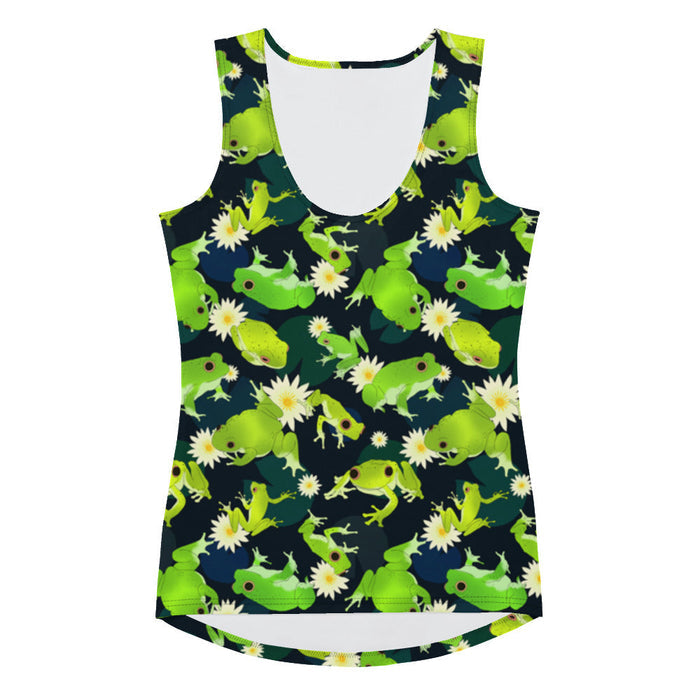 Kero-kero kawaii tank top in green with hopping green frogs and sunlit water lilies