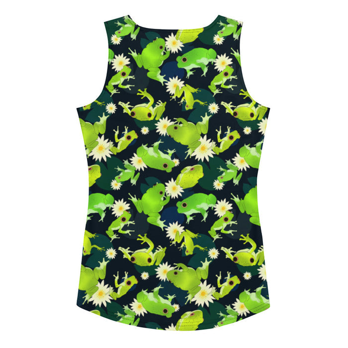 Kero-kero kawaii tank top in green with long-legged frogs and lily pads