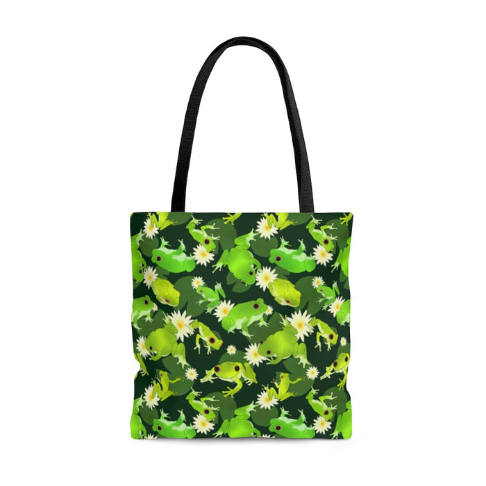 Kero-kero Tote Bag (Green) features vibrant frogs and flowers, perfect for frog lovers on the go.