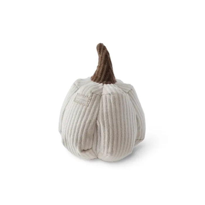 The LAMBWOLF COLLECTIVE - BOO DOG TOY is a plush, squeaky white pumpkin with ribbed fabric, treat pockets, and a textured brown stem from LAMBWOLF COLLECTIVE, shown on a plain white background.