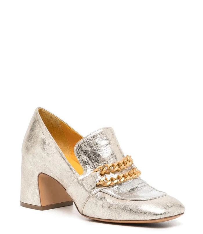 The LEATHER MID HEEL LOAFER WITH CHAIN by MADISON MAISON is a metallic silver loafer with a gold chain across the square toe, sturdy mid heel, and showcases exquisite Italian craftsmanship.