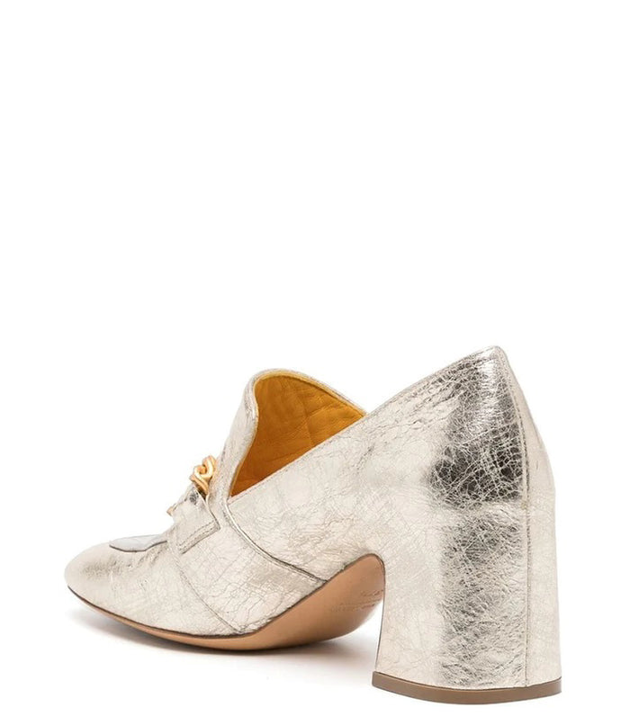 The LEATHER MID HEEL LOAFER WITH CHAIN by MADISON MAISON is a metallic silver loafer with a gold chain across the square toe, sturdy mid heel, and showcases exquisite Italian craftsmanship.