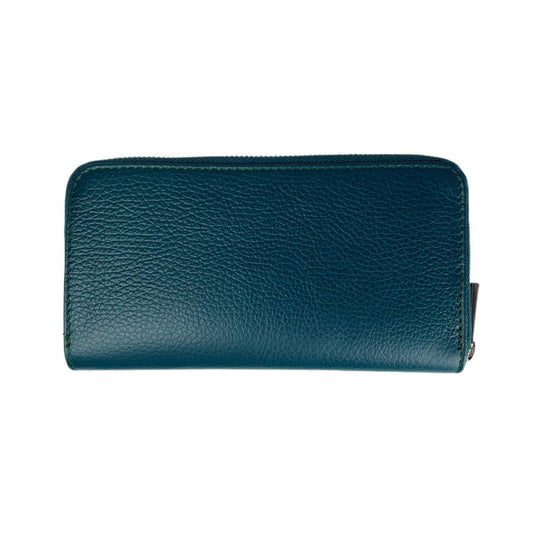 The MIRAMI FIRENZE LEATHER WALLET features teal textured leather and a zip closure, displayed closed and flat on a white background.