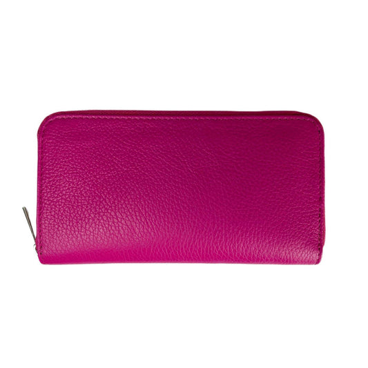 The MIRAMI FIRENZE LEATHER WALLET is large, rectangular, and textured in bright pink leather, featuring a left-side zip closure. Shown against a white background.