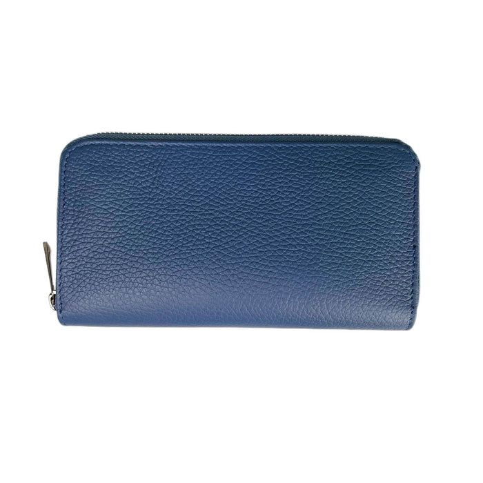 The MIRAMI FIRENZE LEATHER WALLET features teal textured leather and a zip closure, displayed closed and flat on a white background.