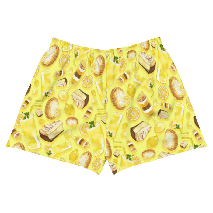 Lemon kawaii athletic shorts in yellow with a lemon meringue pie and glossy whole lemons