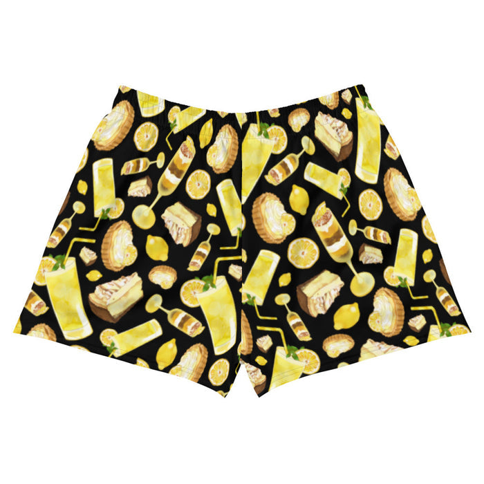 Lemon kawaii athletic shorts in yellow with golden citrus tarts and iced lemonade
