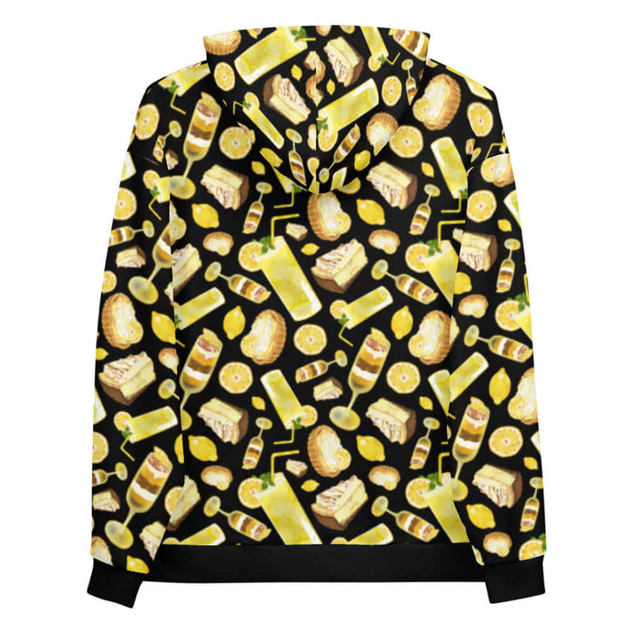 Lemon kawaii hoodie in black with a lemon meringue pie and glossy whole lemons