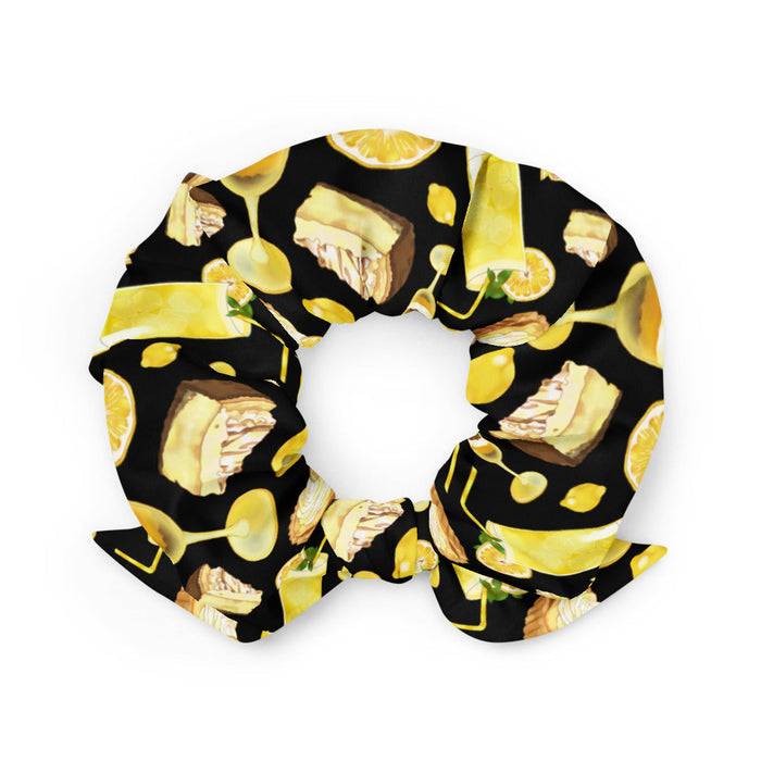 Lemon kawaii scrunchie in yellow with juicy lemon slices and torched meringue peaks