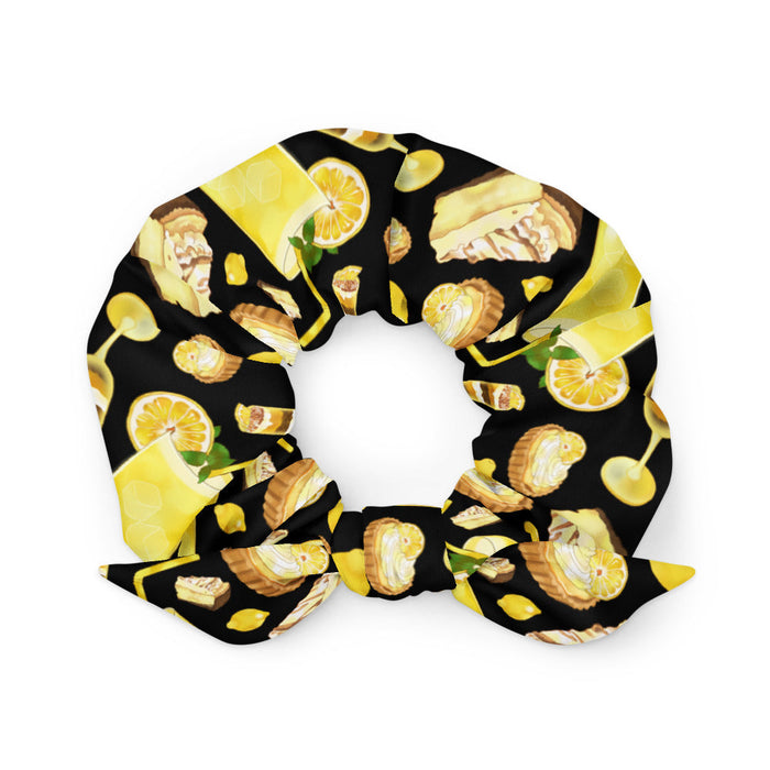 Lemon kawaii scrunchie in yellow with a lemon meringue pie and glossy whole lemons