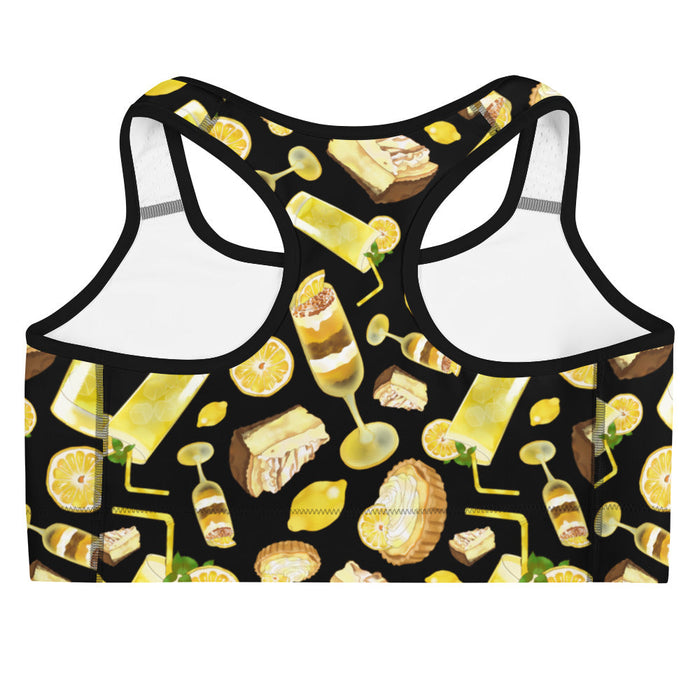 Lemon kawaii sports bra in yellow with a lemon meringue pie and glossy whole lemons