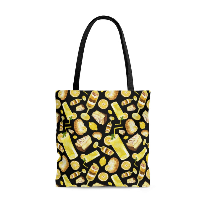 Stylish Lemon Tote Bag (Black) featuring a vibrant lemon pattern, perfect for everyday use and easy to carry.