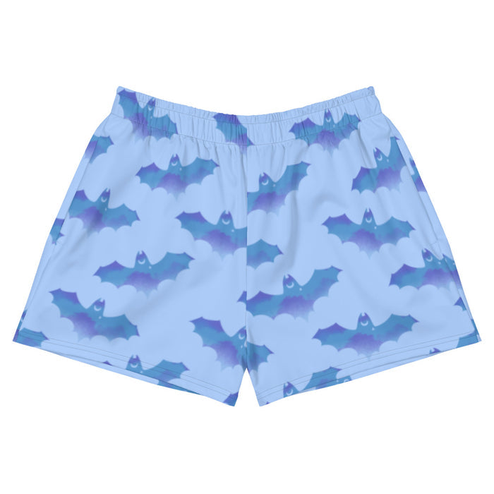 Lilith gothic shorts in blue with watercolor bats and crescent moons