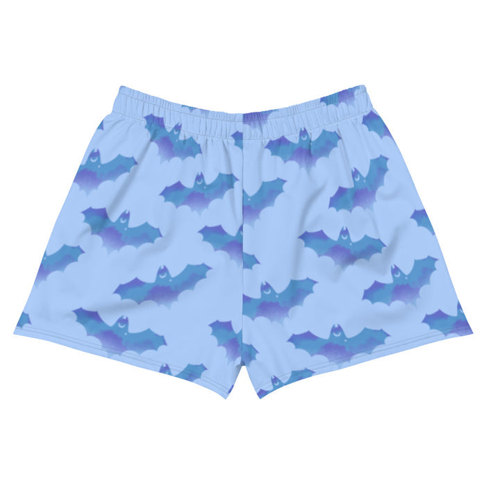Lilith pastel-goth shorts in blue with bat print and pastel clouds