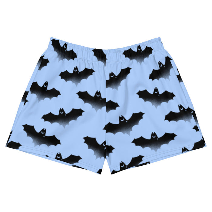 Lilith pastel-goth shorts in blue with watercolor bats and drifting clouds