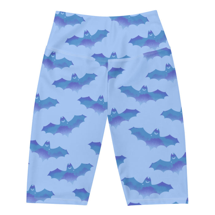 Lilith gothic biker shorts in blue with watercolor bats and crescent moons