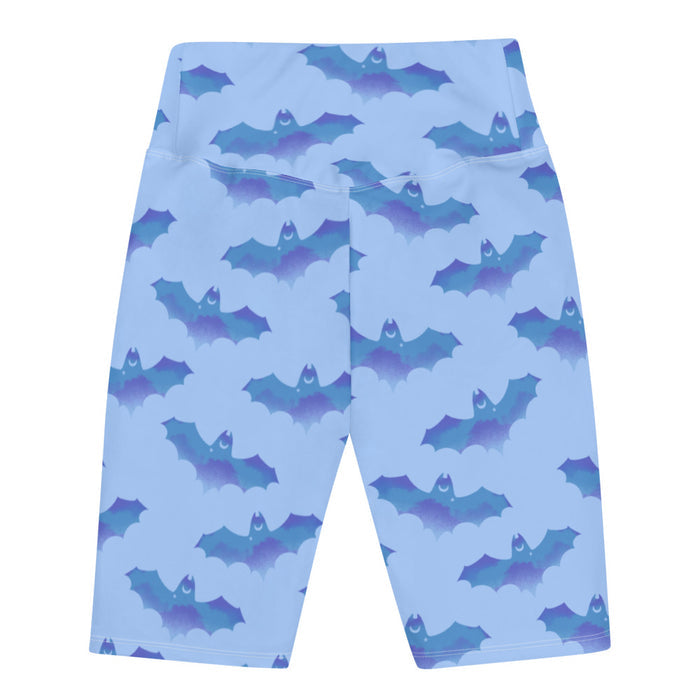 Lilith pastel-goth biker shorts in blue with bat print and pastel clouds