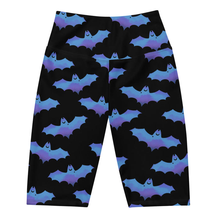Lilith alternative biker shorts in blue with painterly bats and tiny crescent moons