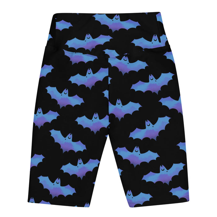 Lilith gothic biker shorts in blue with dusky bats and soft clouds