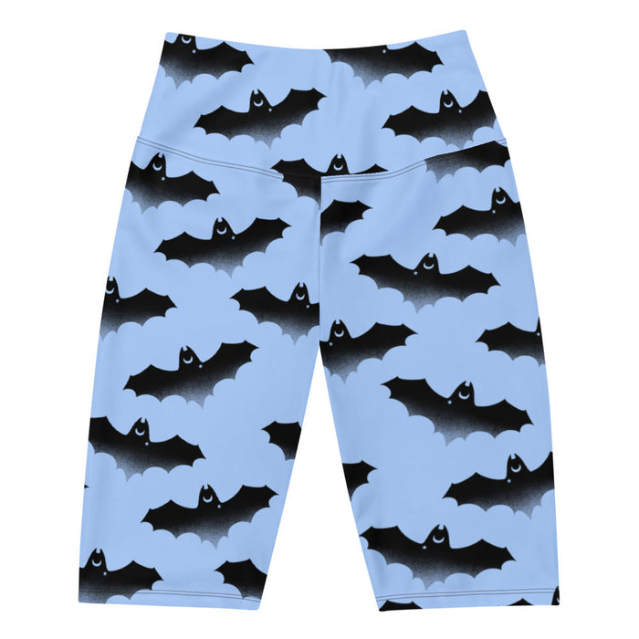 Lilith pastel-goth biker shorts in blue with watercolor bats and drifting clouds