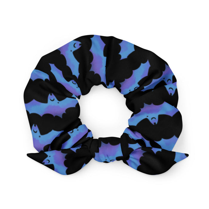 Lilith alternative scrunchie in blue with painterly bats and tiny crescent moons