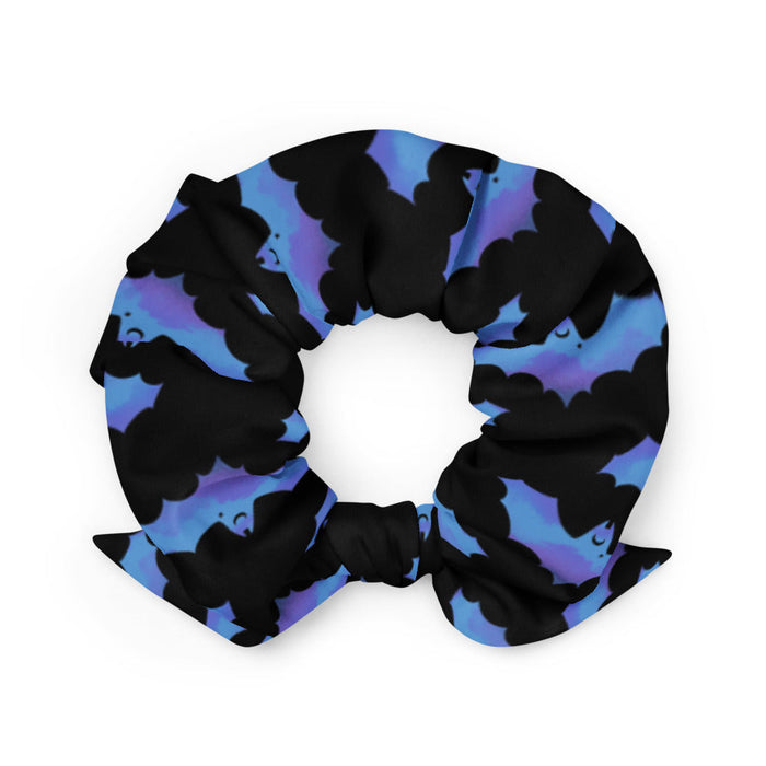 Lilith gothic scrunchie in blue with dusky bats and soft clouds