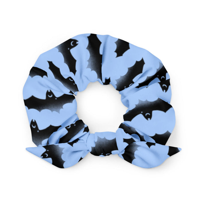 Lilith pastel-goth scrunchie in blue with watercolor bats and drifting clouds