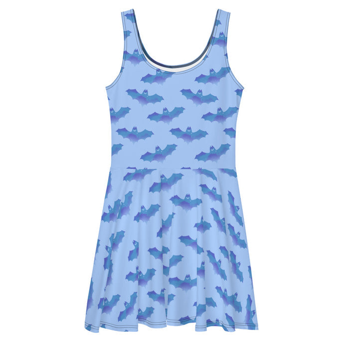 Lilith gothic skater dress in blue with watercolor bats and crescent moons