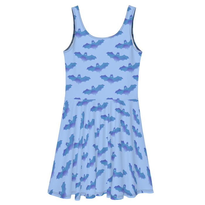 Lilith pastel-goth skater dress in blue with bat print and pastel clouds