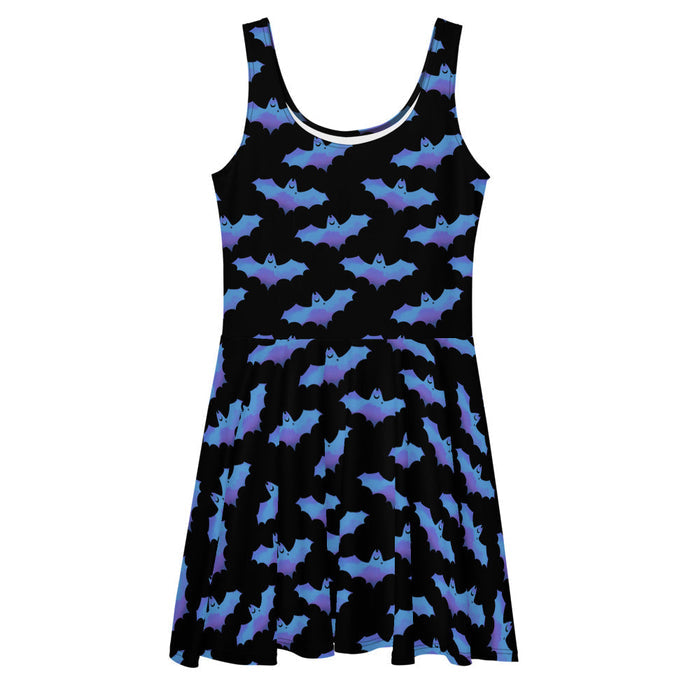 Lilith alternative skater dress in blue with painterly bats and tiny crescent moons