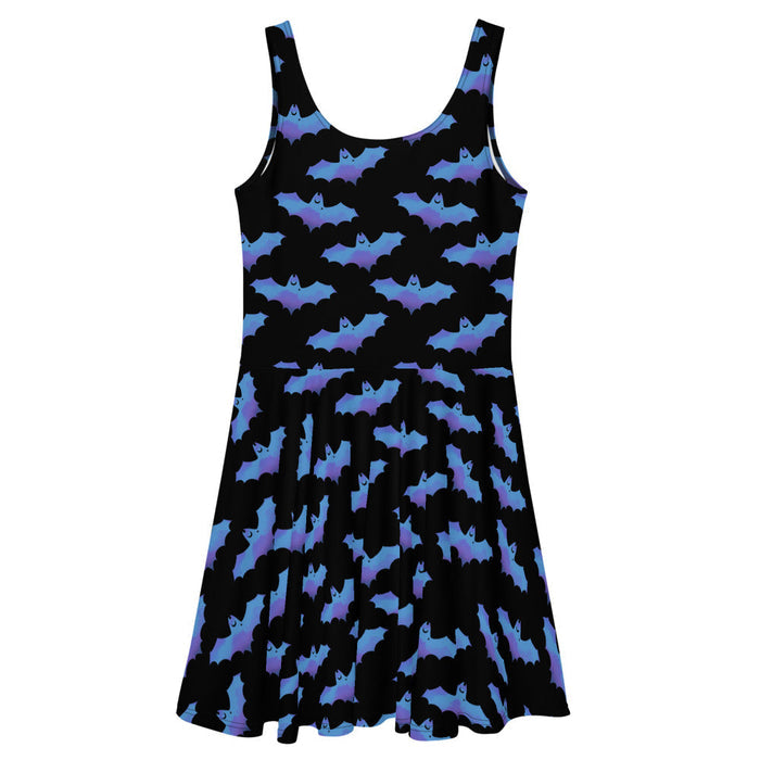 Lilith gothic skater dress in blue with dusky bats and soft clouds