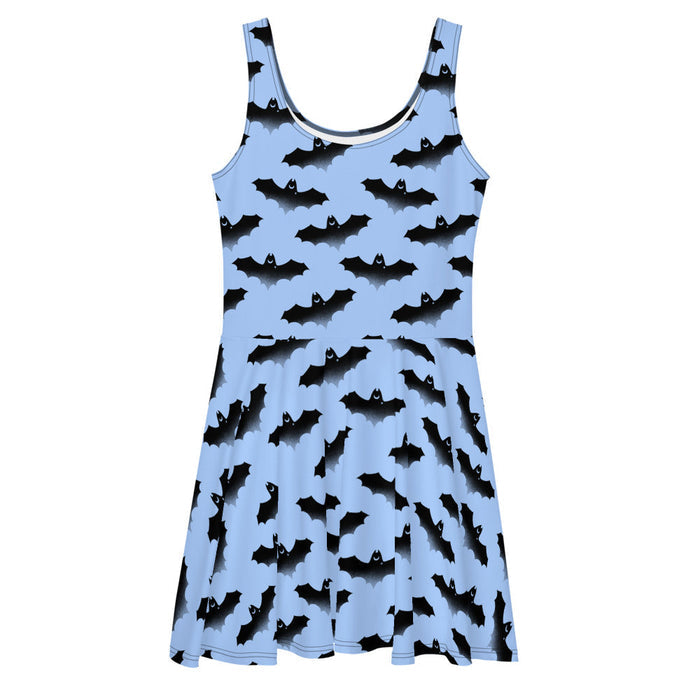 Lilith pastel-goth skater dress in blue with watercolor bats and drifting clouds