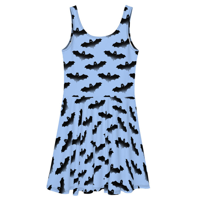 Lilith alternative skater dress in blue with bats and crescent moons