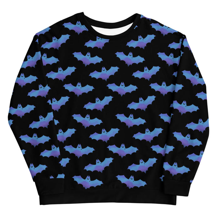 Lilith alternative sweatshirt in blue with painterly bats and tiny crescent moons