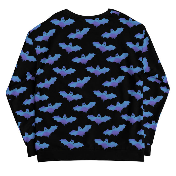 Lilith gothic sweatshirt in blue with dusky bats and soft clouds