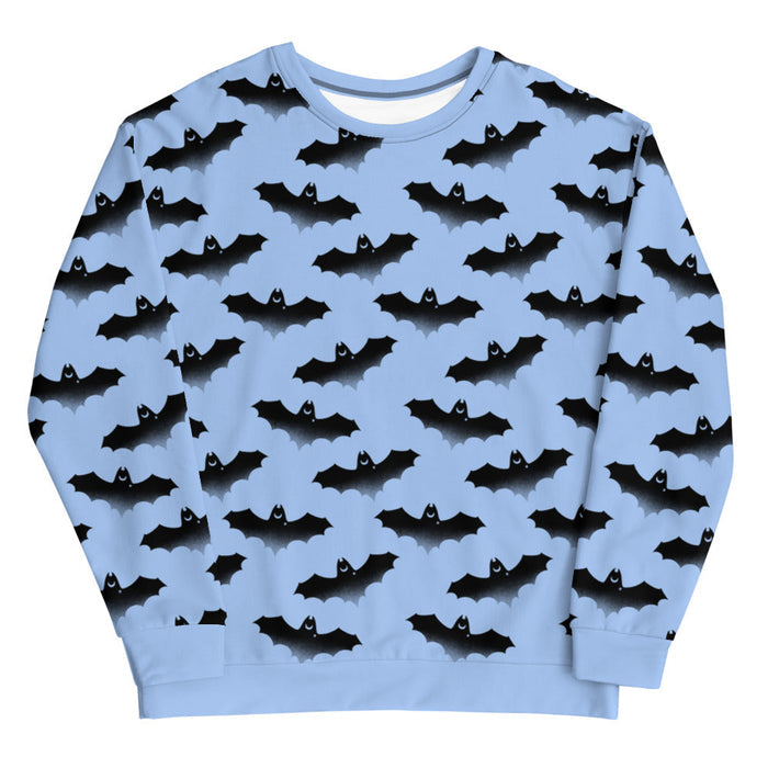 Lilith pastel-goth sweatshirt in blue with watercolor bats and drifting clouds