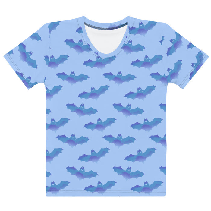Lilith gothic tee in blue with watercolor bats and crescent moons