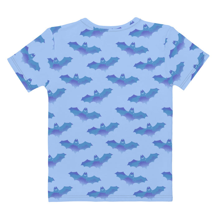 Lilith pastel-goth tee in blue with bat print and pastel clouds