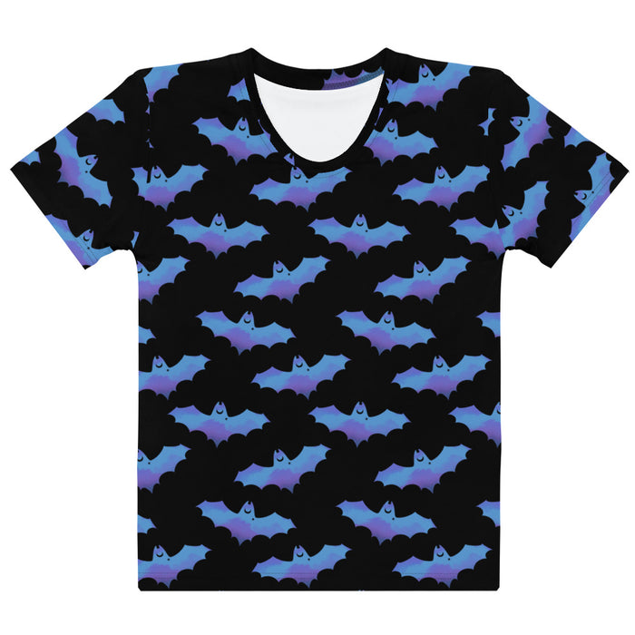 Lilith alternative tee in blue with painterly bats and tiny crescent moons