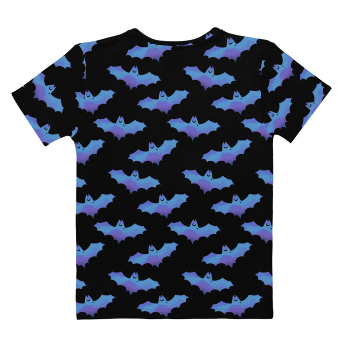 Lilith gothic tee in blue with dusky bats and soft clouds