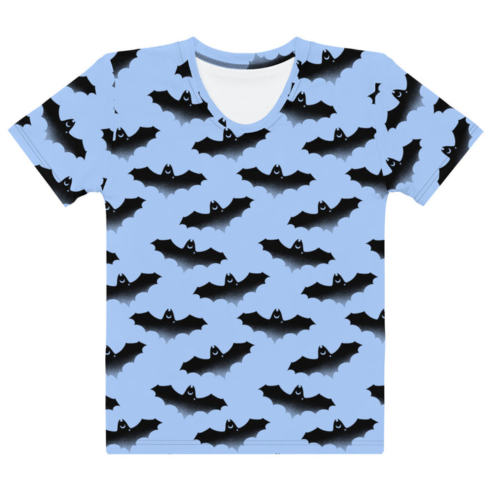 Lilith pastel-goth tee in blue with watercolor bats and drifting clouds