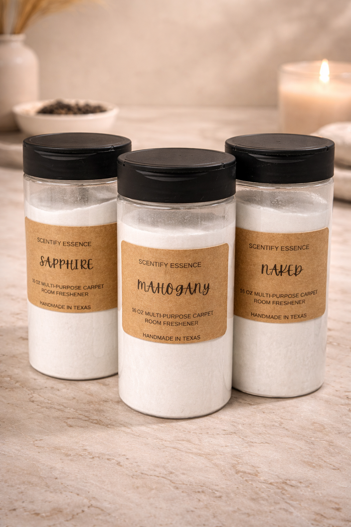 16 oz carpet freshener powders by Scentify Essence in Sapphire, Mahogany, and Naked scents, designed to eliminate odors and refresh home spaces