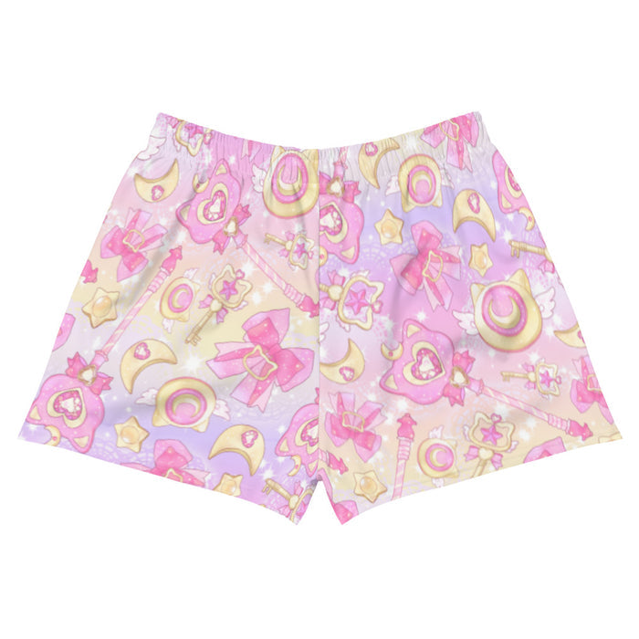 Magical Girl kawaii athletic shorts in pink featuring neko compacts and crescent moons