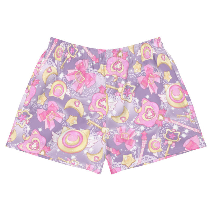 Purple Magical Girl kawaii athletic shorts with ribbon bows and golden stars