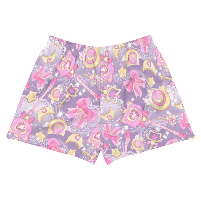 Magical Girl kawaii athletic shorts covered in magic scepters and heart gems, in pink
