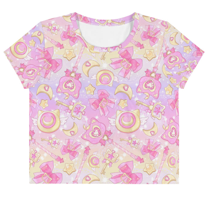 Magical Girl kawaii crop top in pink with gem hearts and star wands